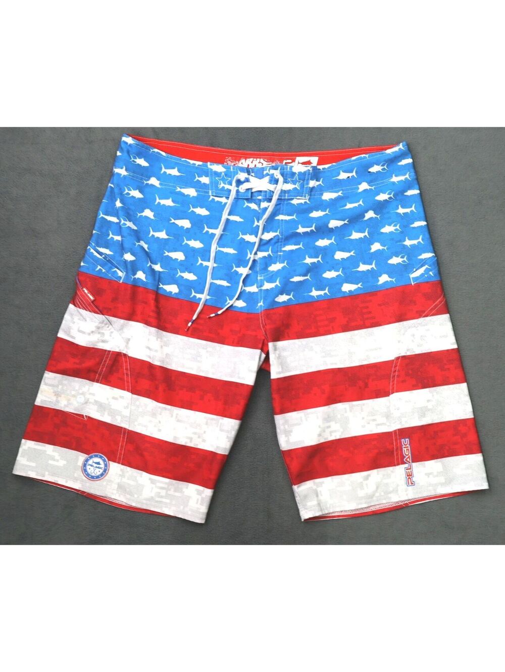 Pelagic Men's Board Shorts Swim Trunks with American Flag Fish Pattern